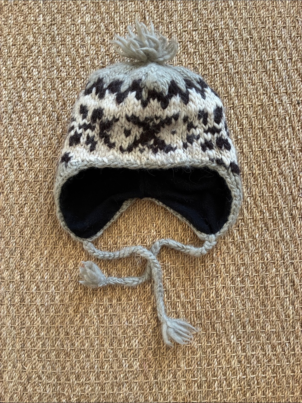 J. Crew Gray, Black and Cream Handknit Pom Beanie with Ear Flaps
